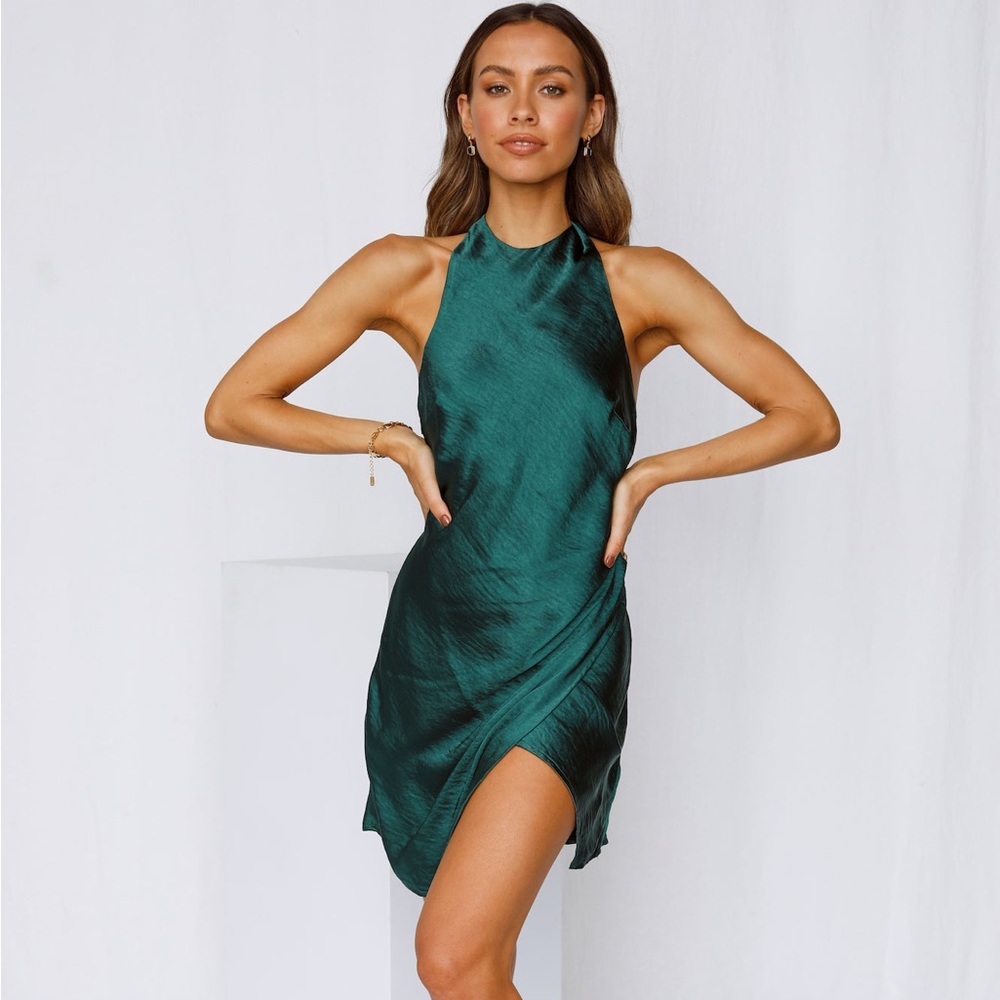 Hello Molly Jade Heavy Heart Emerald Green Satin Halter Mini Dress